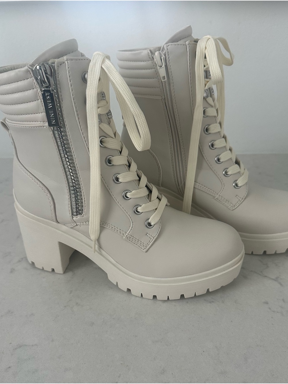 Nine West Off-White Lace-Up Platform Ankle Boots
